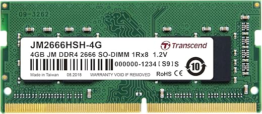Transcend 4GB DDR4 2666 Laptop Memory, JetRam, DRAM Chips – up to 21GB/s – 1.2V, 260 pin, 1Rx8, DIMM Type – Unbuffered SO-DIMM Memory – JM2666HSH-4G