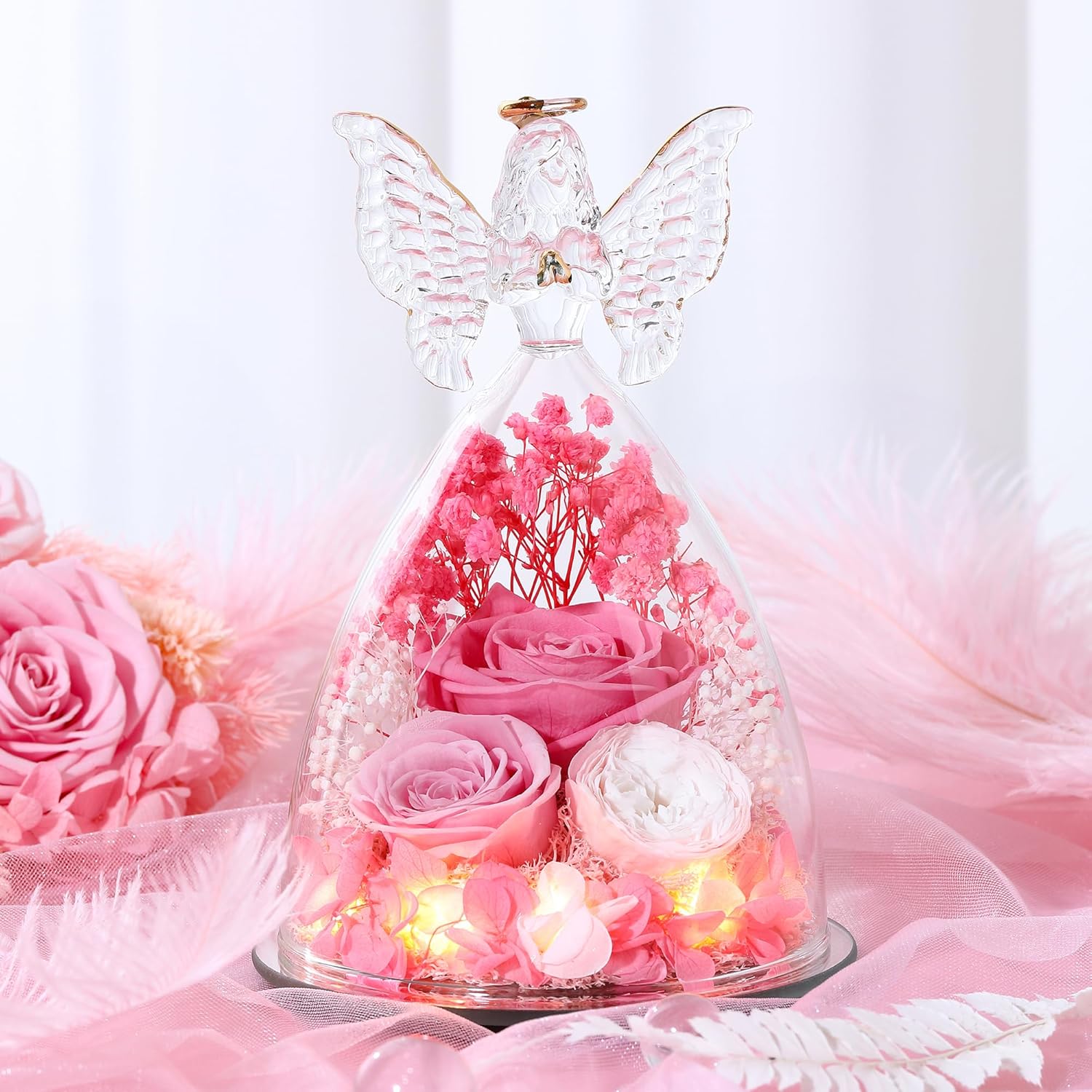 Valentines Rose Gifts for Women Preserved Real Flower in Glass Angel Figurines Roses for Delivery Prime Birthday Gifts for Mom Grandma Girlfriend Wife Her,Pink Austin Roses - Image 7