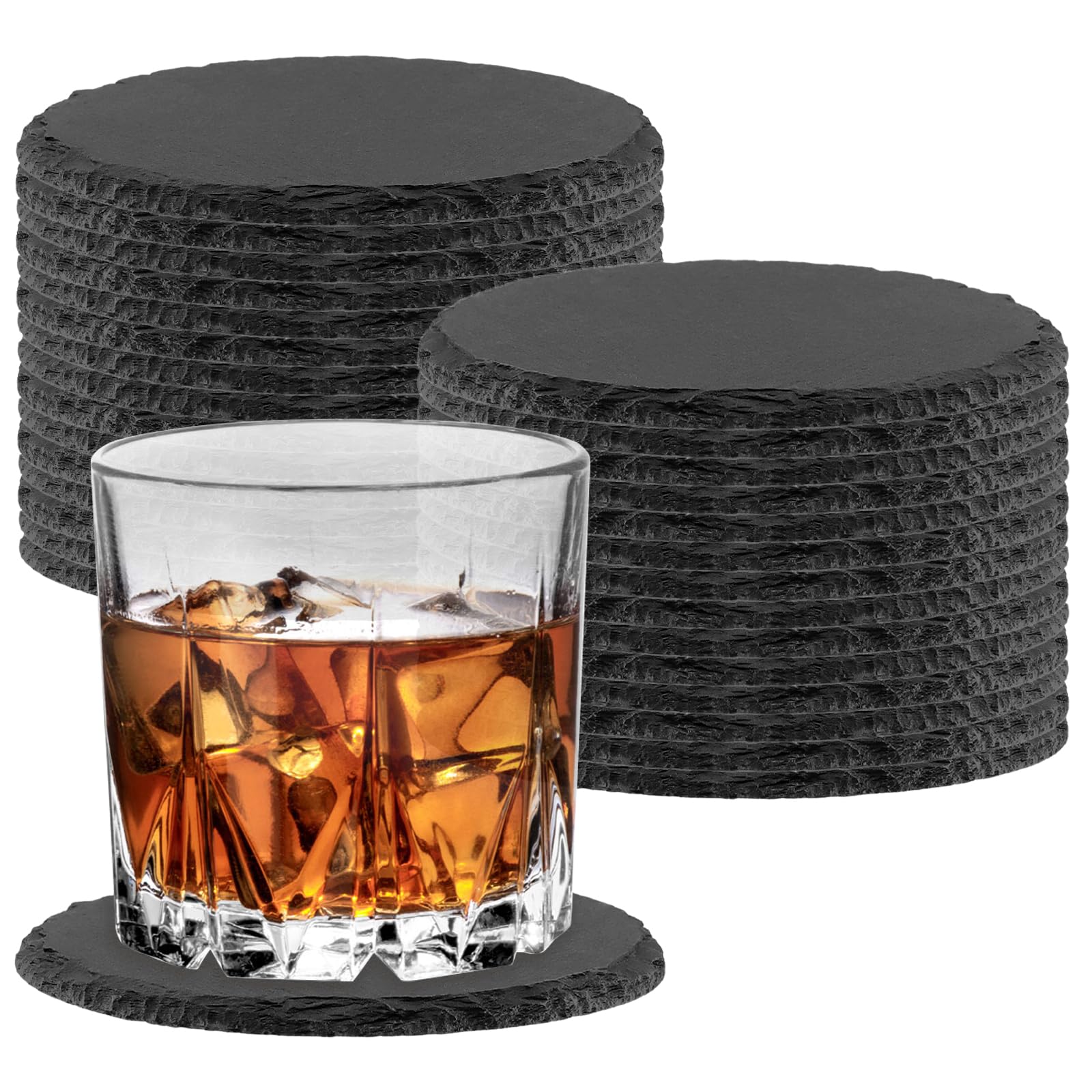 KEILEOHO Set di 30 sottobicchieri rotondi in ardesia, 10 cm, rotondi, in ardesia, per bicchieri, bicchieri in ceramica, colore nero