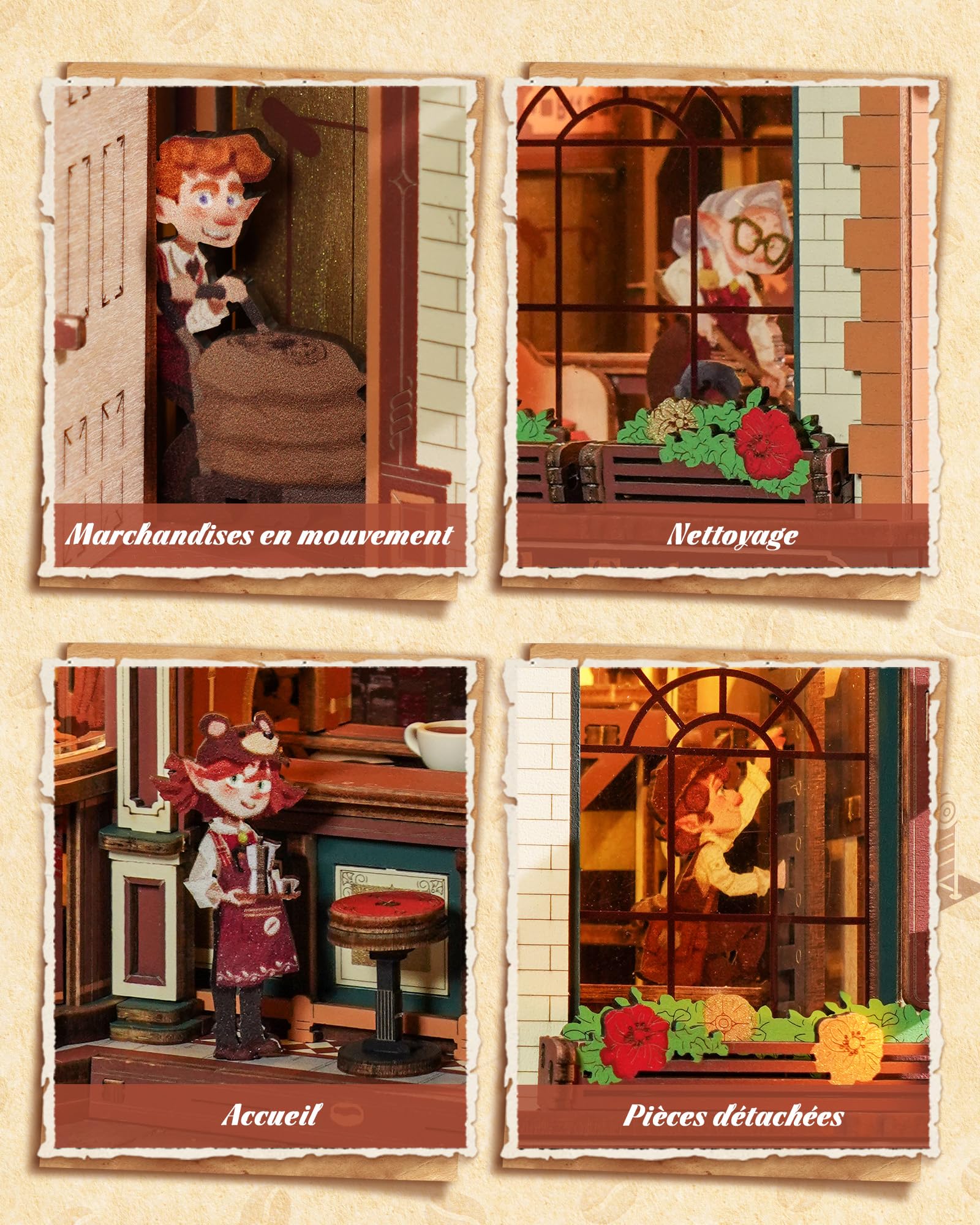 ROKR Dream Coffee Factory EAB02 Maison de Poupée Miniature DIY avec Boîte à Musique pour Adultes, Modèle Mécanique avec Pièces Mobiles, Lumières LED et Musique Jazz, Cadeau Créative