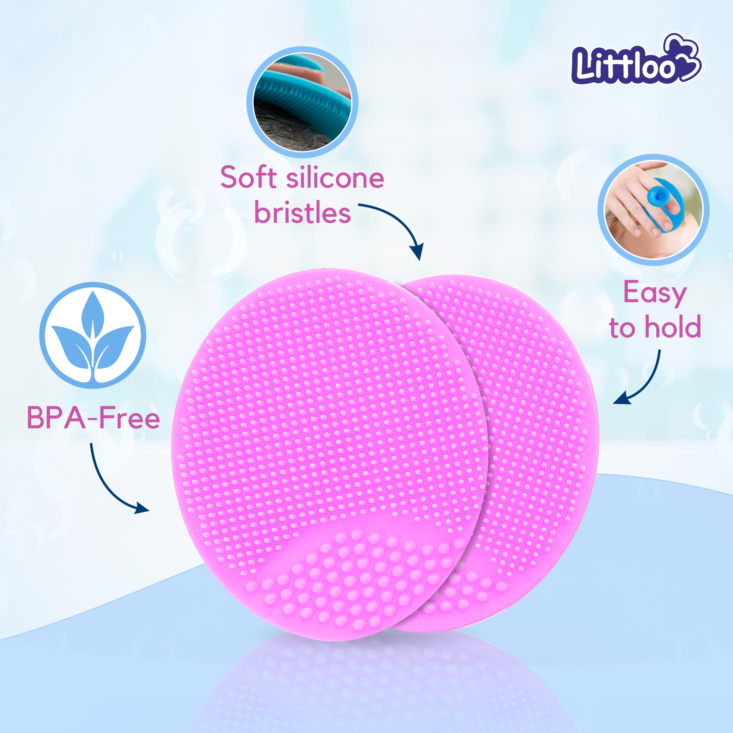 Littloo Baby Cradle Cap Brush & Scalp Massager Pink (Pack of 2) | Ultra-Soft Silicone Bristles | Safe from Birth | Gentle Scalp Care for Newborns & Toddlers | Easy to Clean 1