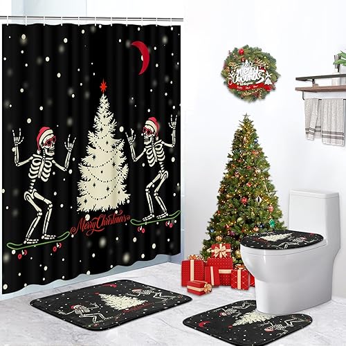 Miniatura 8 de ArtSocket Juego de baño navideño con cortina de ducha y alfombras y accesorios, lindo esqueleto de calavera de Papá Noel negro, cortinas de ducha de