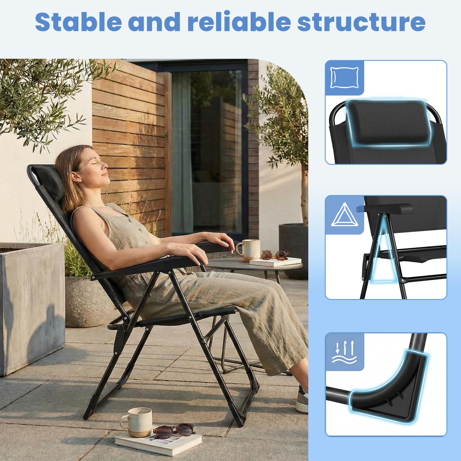 LIFERUN 2er Set Gartenstühle Klappstühle mit Kopfstütze 5 verstellbaren Rückenlehnen Hochlehne Outdoor Schwarz
