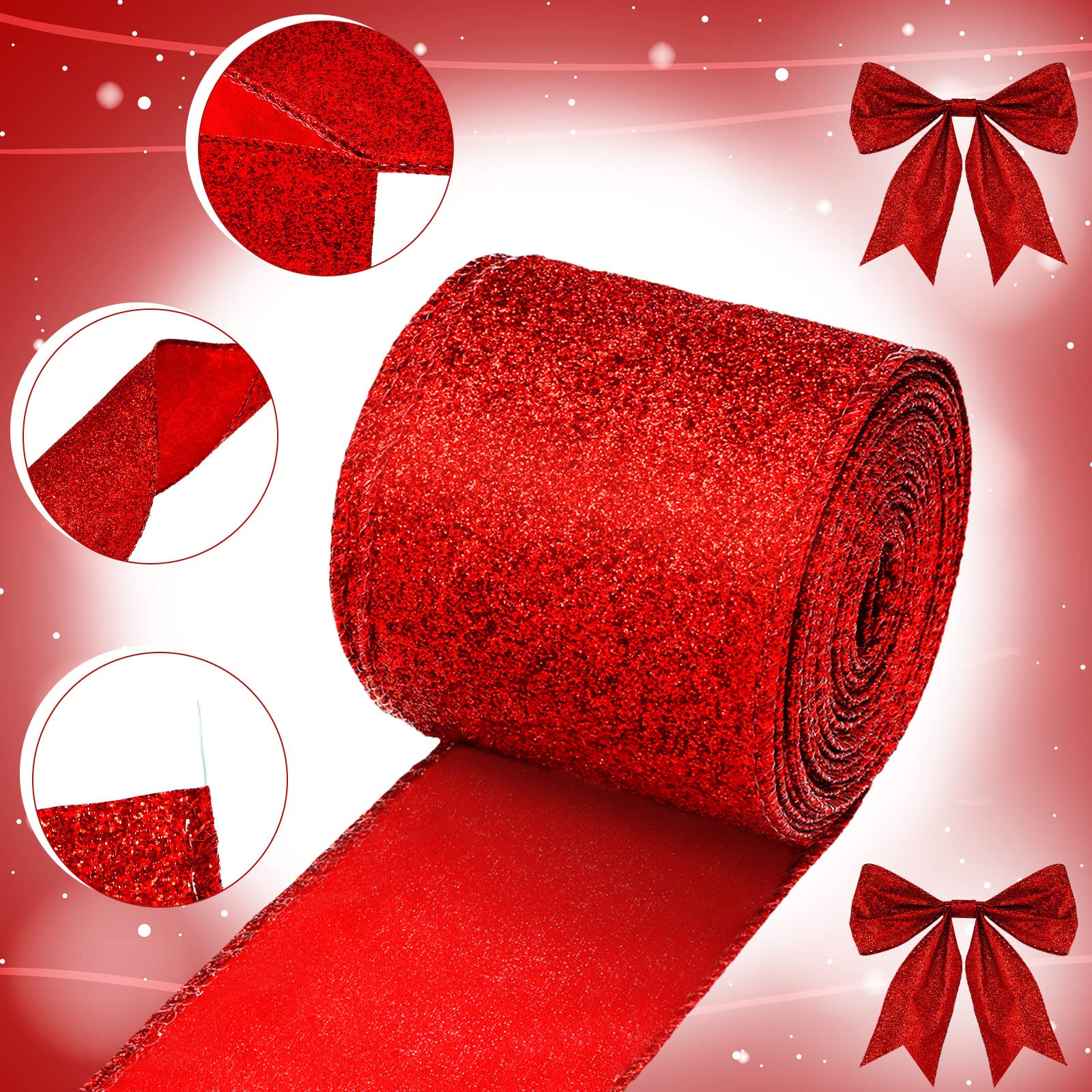 2 Rollen 20 Yards Weihnachtsband Metallic Glitzerband Drahtrand dekorative Stoffbänder für Party Verpacken Heimdekorationen Hochzeit Geburtstag DIY Handwerk 6,3 cm (rot)
