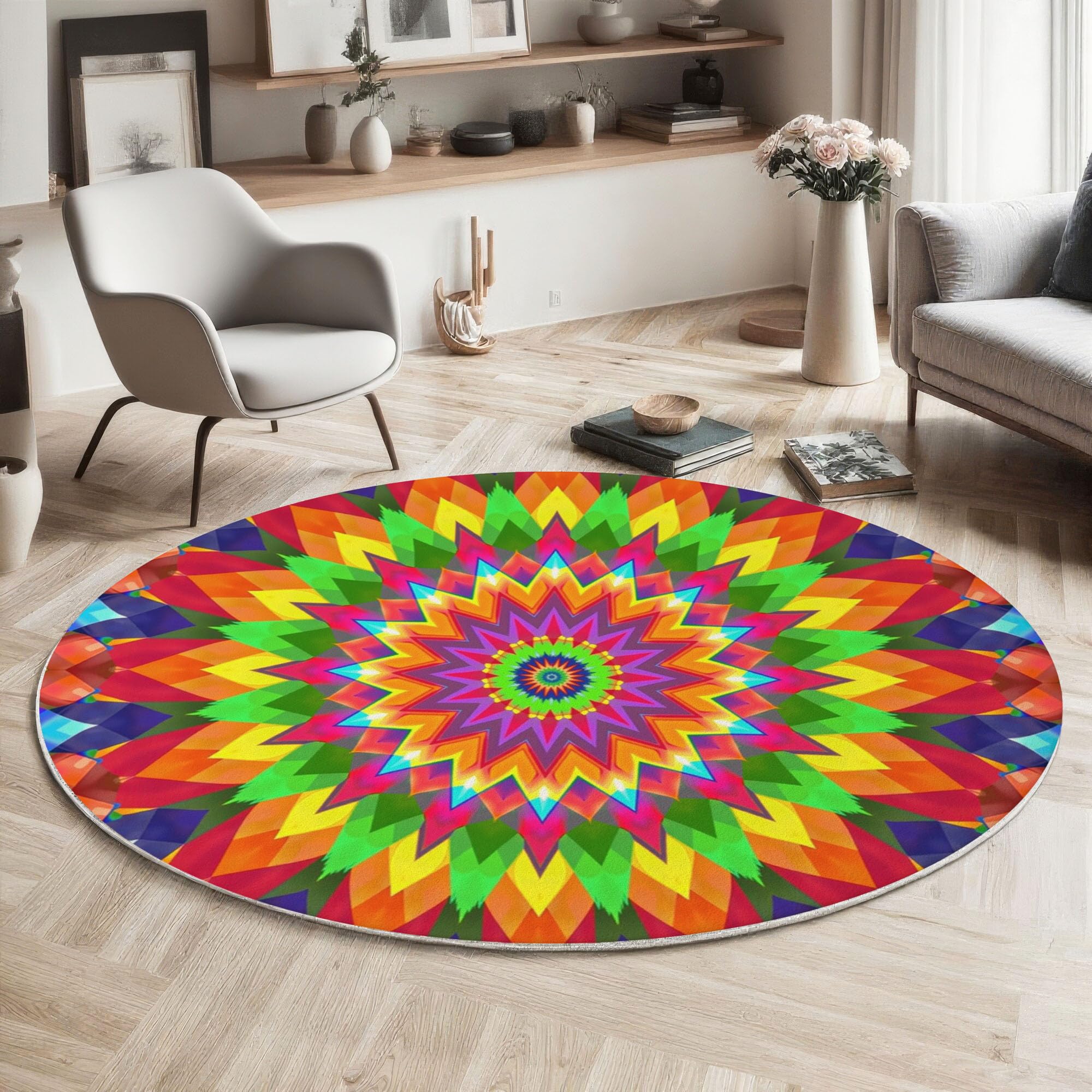 Tapis rond intérieur kaléidoscopique 100cm multicolore et absorbant