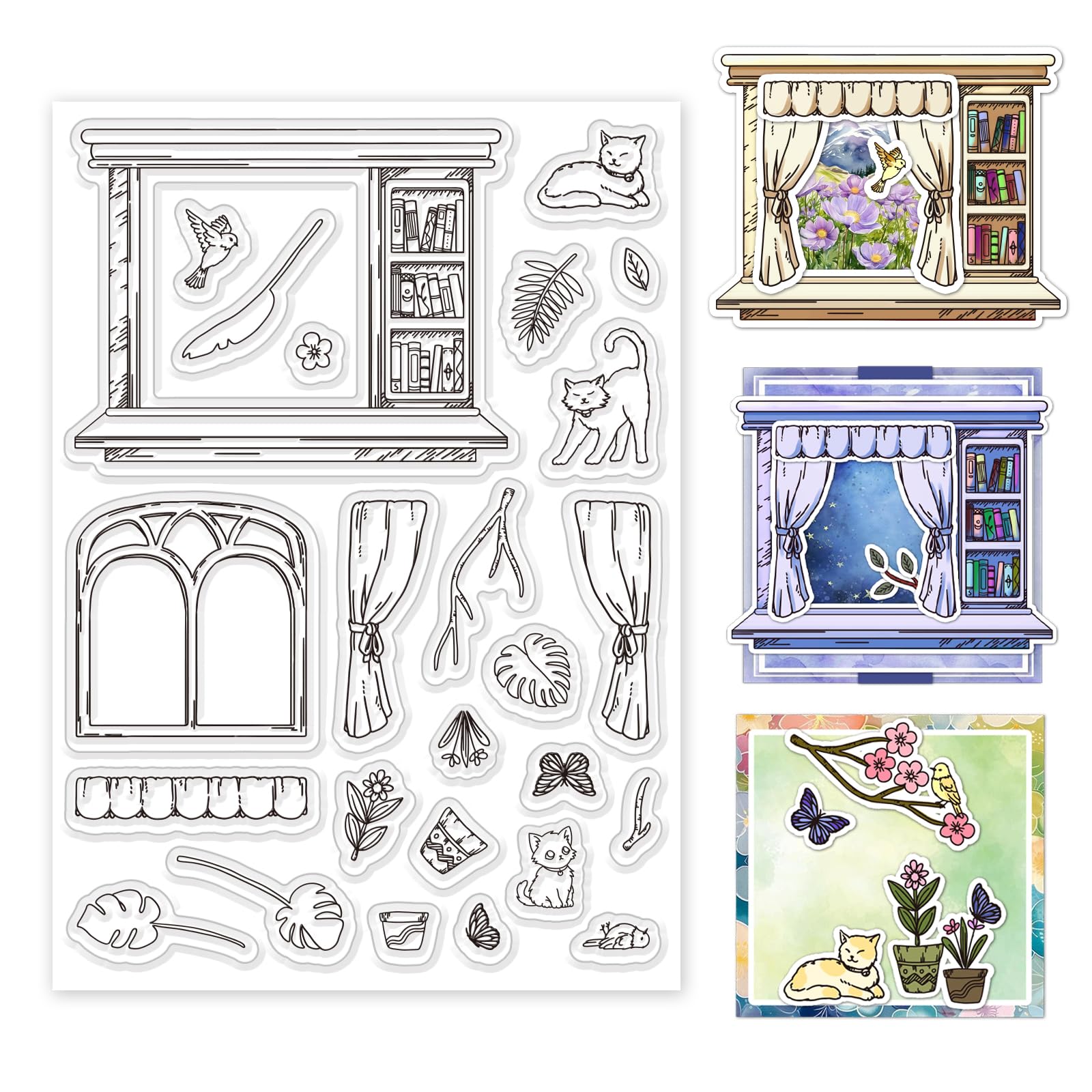 INFUNLY Clear Stamps A4 Vintage Finestra Scrivania Francobolli di Gomma Retro Timbri in Silicone Gatto Fiore Sigilli per Creazione