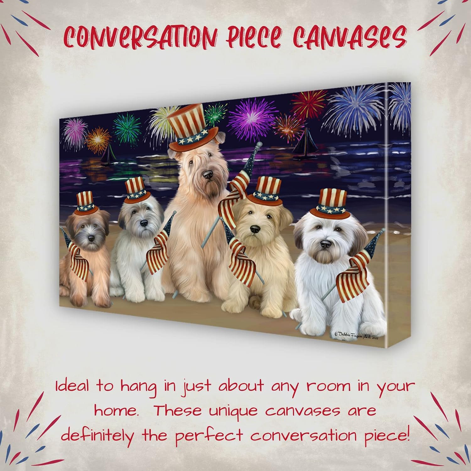 Independence Day with Wheaten Terrier Dogs Canvas Wall Art - Premium Quality Ready to Hang Room Decor - Flat Rolled 16" x 24"
