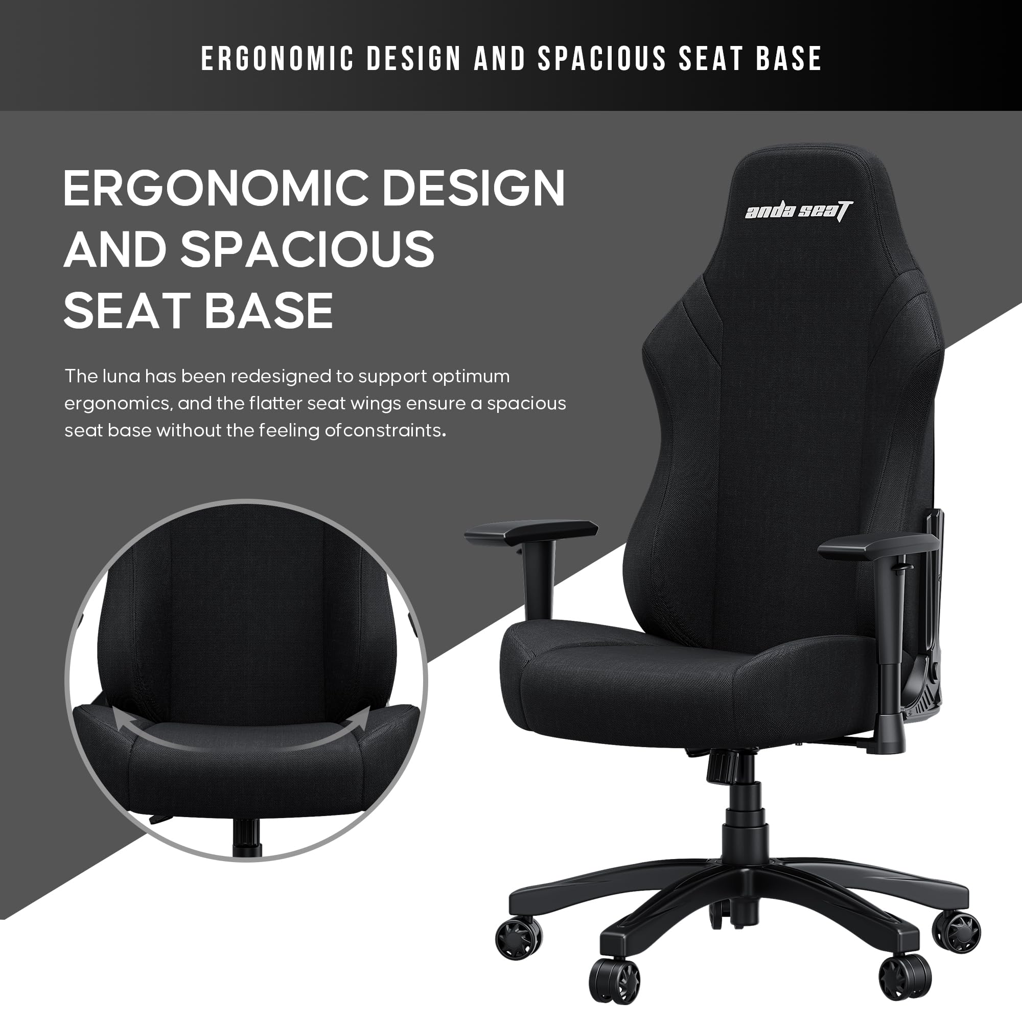 Anda Seat Luna Grande Chaise Gaming pour Adulte - Chaises Gaming Ergonomiques, Chaise de Bureau en Tissu, Soutien Lombaire Renforcé pour Cou et Dos, Fauteuil Gamer Reclinable - Noir