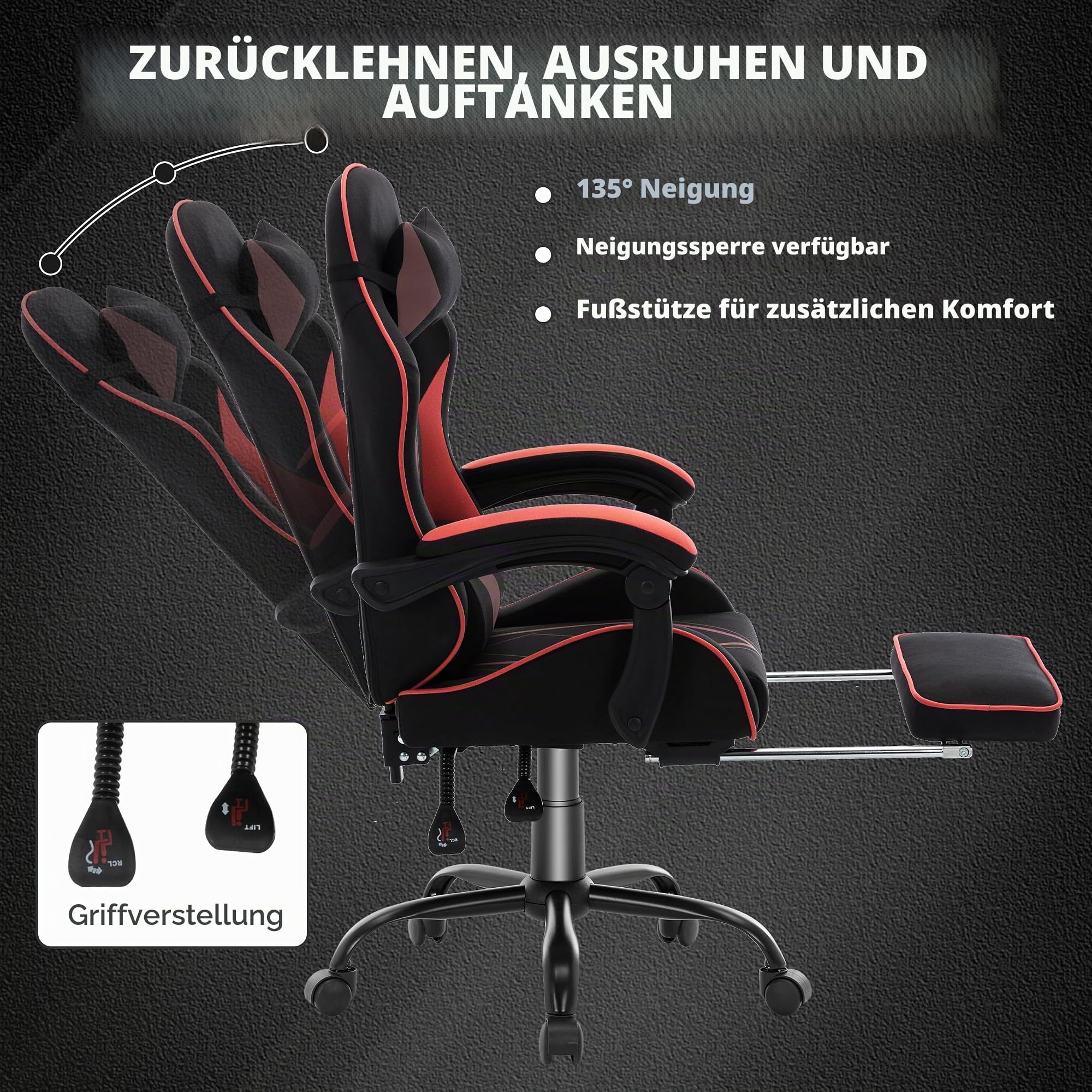 Gaming Stuhl mit Fußstütze Ergonomisch mit Kopfstütze& Lendenkissen-Bürostuhl mit Premium- Technikstoff&130kg Tragfähig für Esports/Homeoffice/Zocken (Erwachsene/Jugendliche/Kinder)