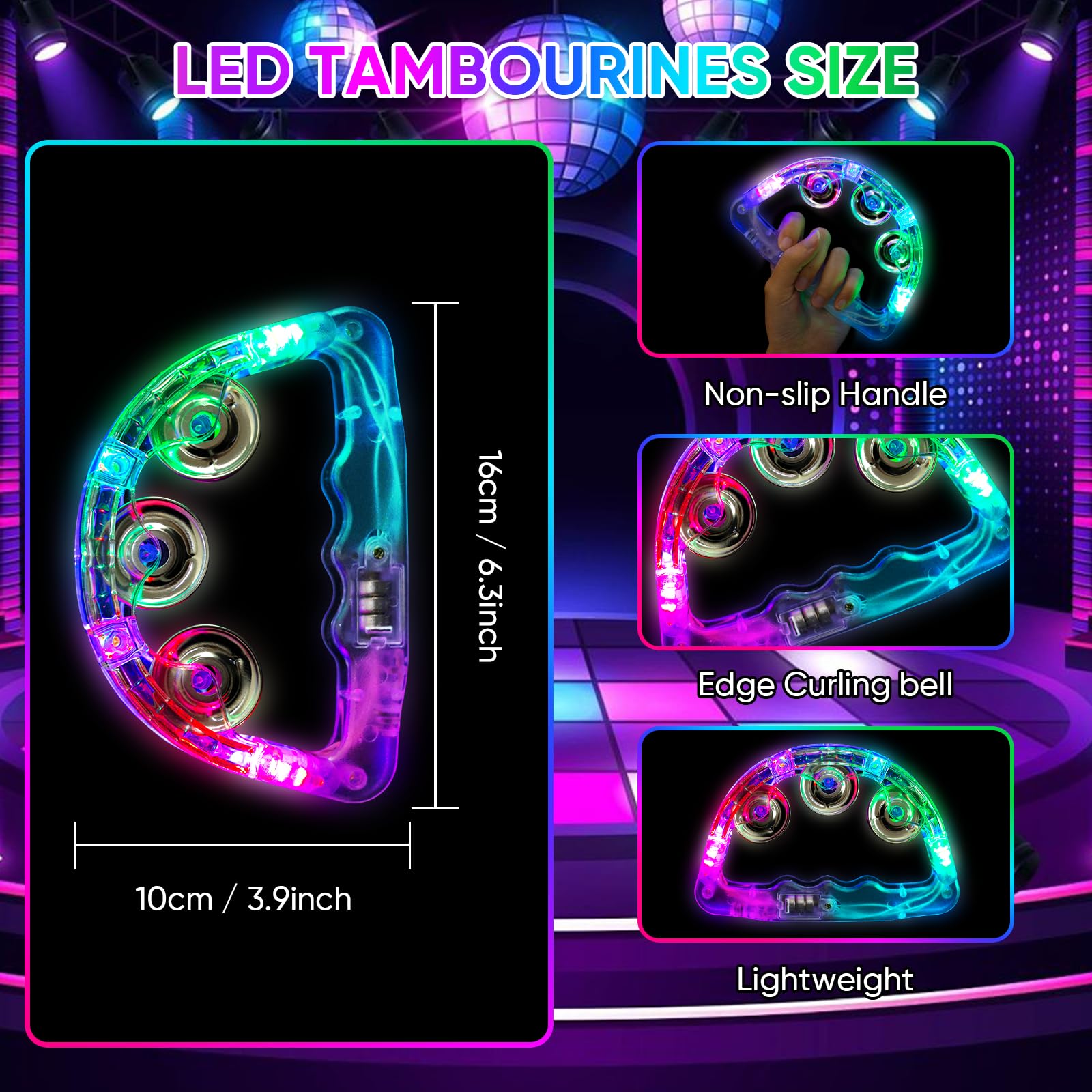 LED Light Up Musical Tambourines: Handheld Music Flashing Tambourine Glow In The Dark Party Supplies - Image 2