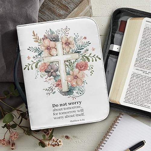 Miniatura 5 de Estuche grande de la Biblia floral para mujer con versículo cruzado, tamaño grande con asa con cremallera, estuche de iglesia escritura, regalo