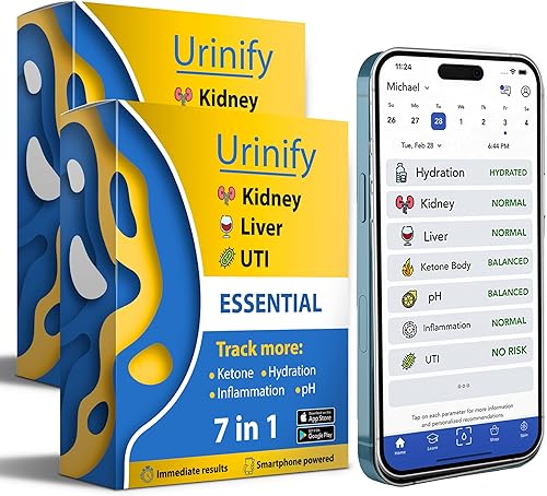 URINIFY Essential Aplicación móvil Tiras de prueba de orina y tiras de prueba de UTI en casa, kit de prueba de riñón en casa, hidratación, tiras de
