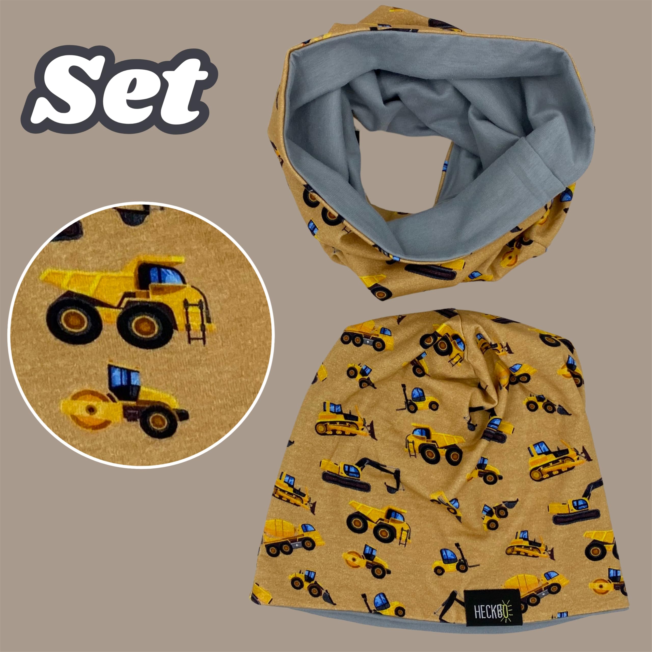 HECKBO Kinder Beanie & Loop Schal Set - mit Vlies oder Jersey - unisex Mädchen Jungen - 95% Baumwolle - Herbst Frühling Winter