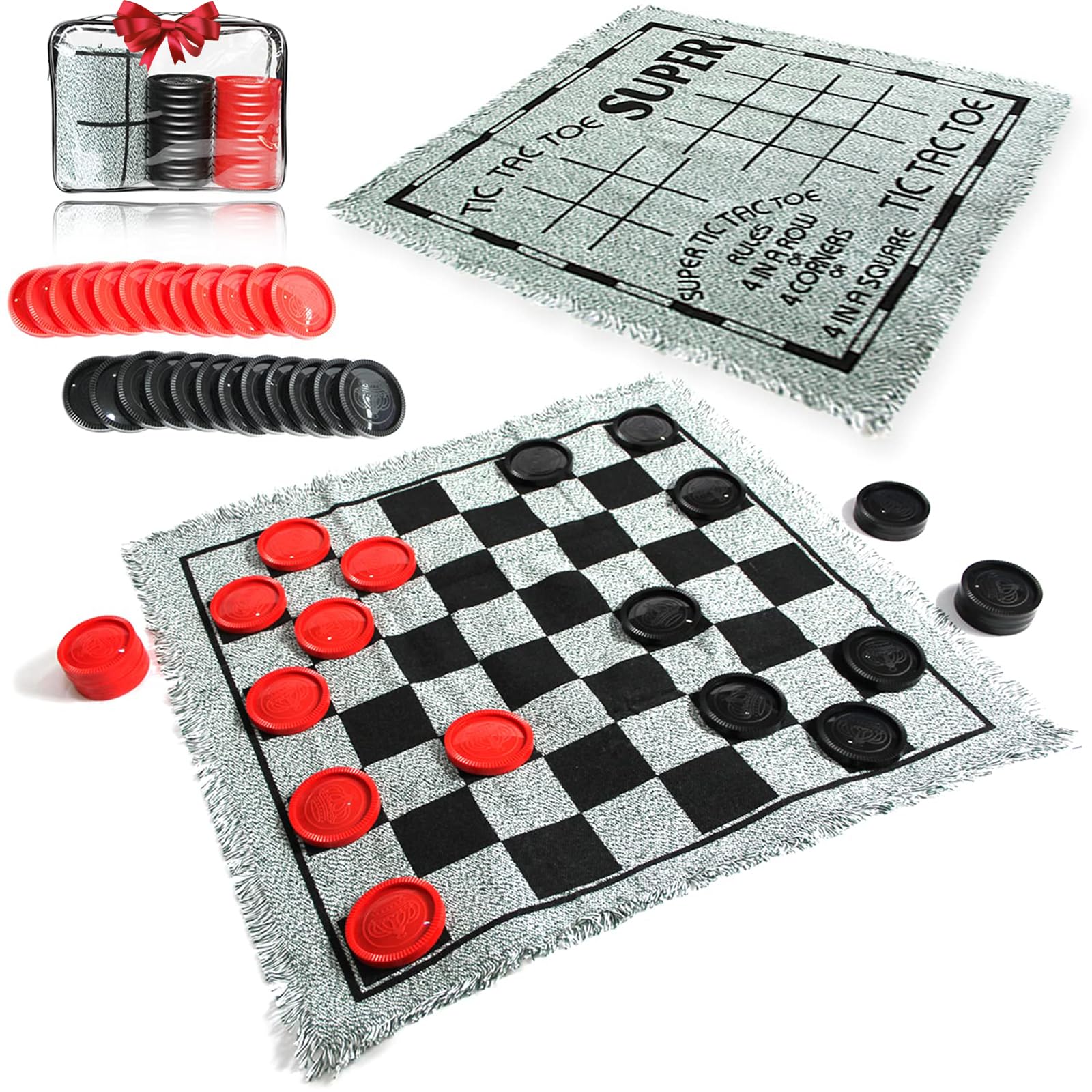 Giant Checkers Set - 3 in 1 Tic Tac Toe Game Board for Adults and Kids with 24 Checker Pieces Reversible Rug - Indoor and Outdoor Games for Family and Party - Gift for Kids (Grey)