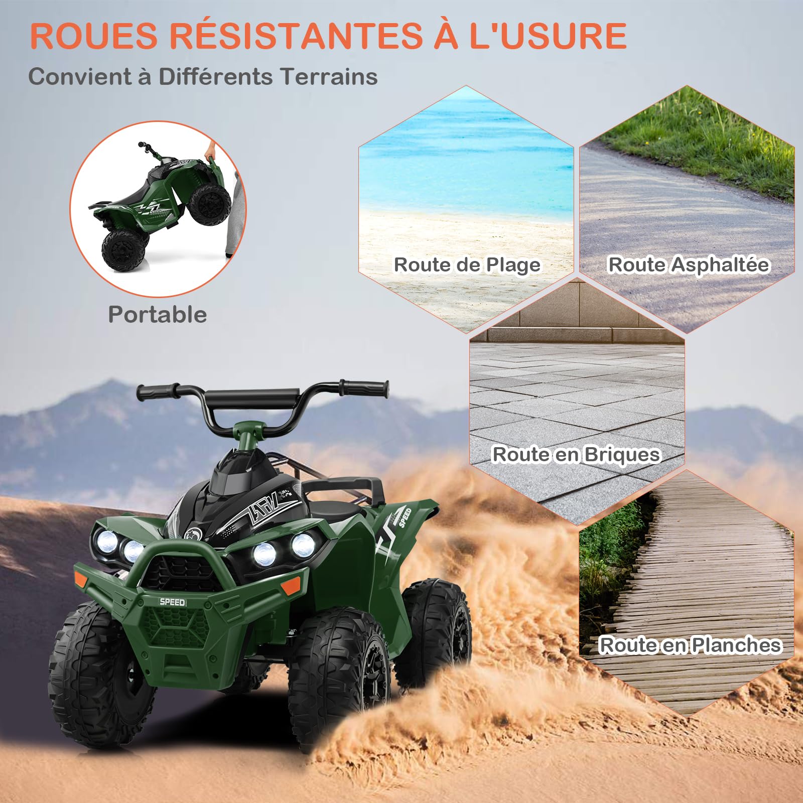 DREAMADE Quad Buggy Électrique Enfants 12V,Voiture Electrique Enfants 3-8Ans avec 2 Vitesses 2,2-4,3 km/h&Pédale&Phares LED&Klaxon&Musique,Véhicule Jouet Garçons Filles (Vert Militaire)