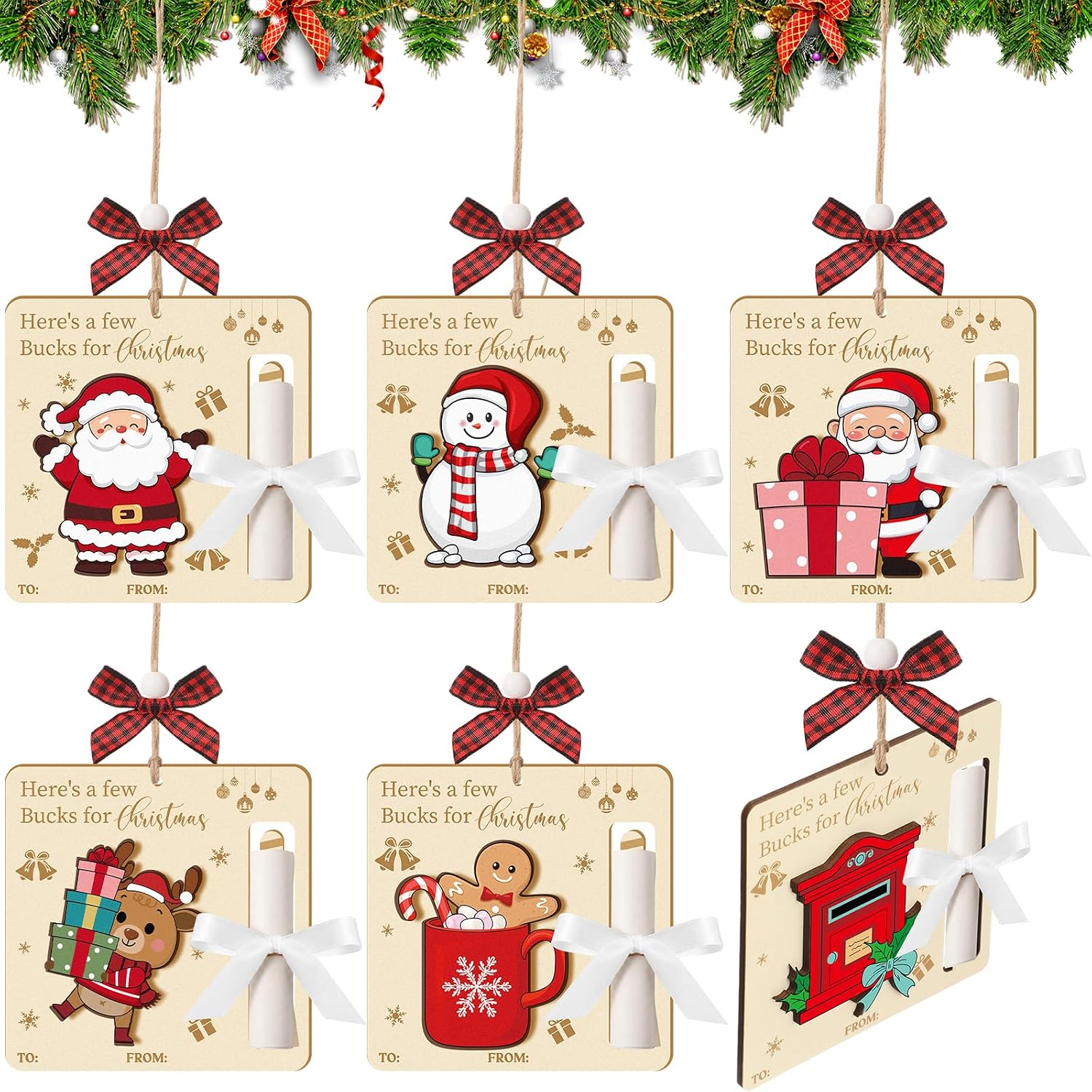 6 Pcs Christmas Money Holders for Cash Gift Cute Reindeer Xmas Snowman Money Holder Funny Christmas Tree Wooden Ornament Here's a Few Bucks for Holiday Party Tree Hanging Ornaments (Cute)