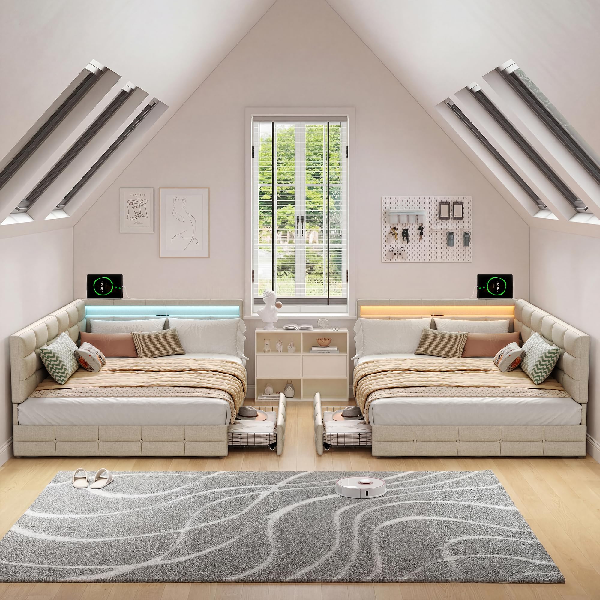 Polsterbett Schlafsofa 140x200, Doppelbett mit LED und USB, Jugendbett mit 2 Schubladen Stauraum, Tagesbett mit Lattenrost, Sofabett, Gästebett, Bettgestell, Leinen Beige, ohne Matratze