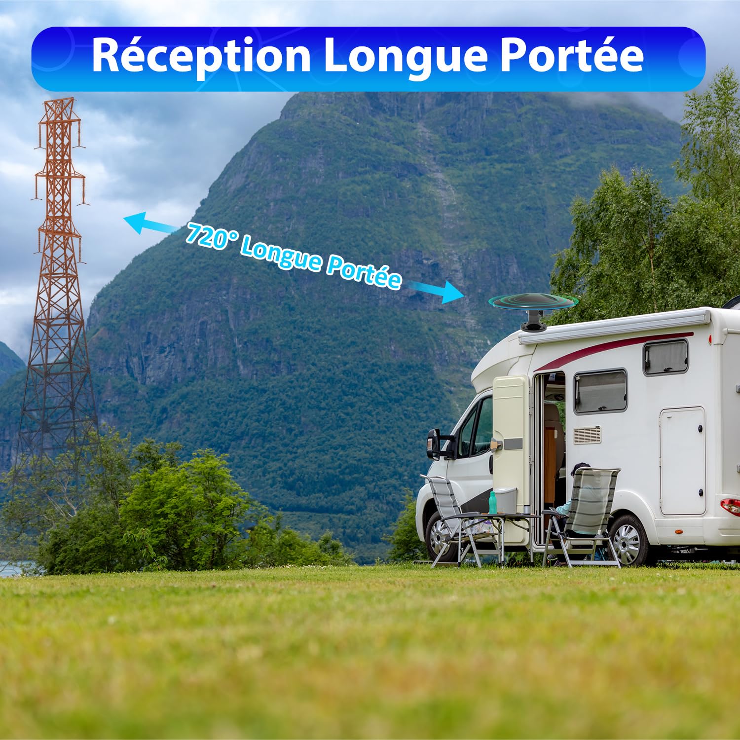Antenne TV Exterieure avec Amplificateur de Signal Intelligent, Antenne TV Exterieure Puissante Omnidirectionnelle Terrestre TNT HD DVB-T/T2 pour Camping Car, Caravane, Fourgon, Camion, Bateau, Noir