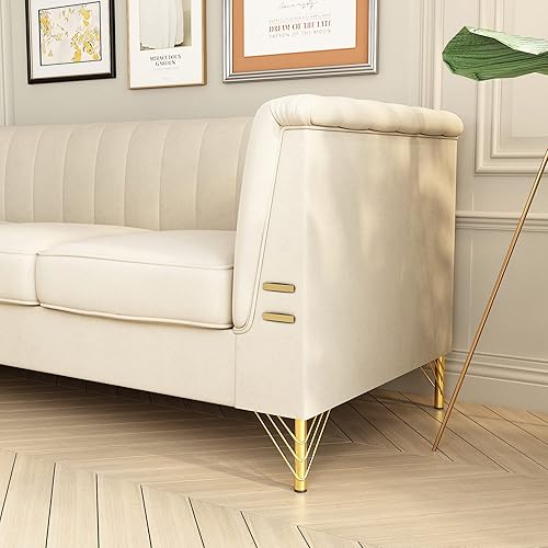 Miniatura 38 de Sofá de terciopelo verde de 83.46 pulgadas de ancho con patas metálicas doradas, sofá tapizado de brazo alto de 3 plazas para sala de estar,
