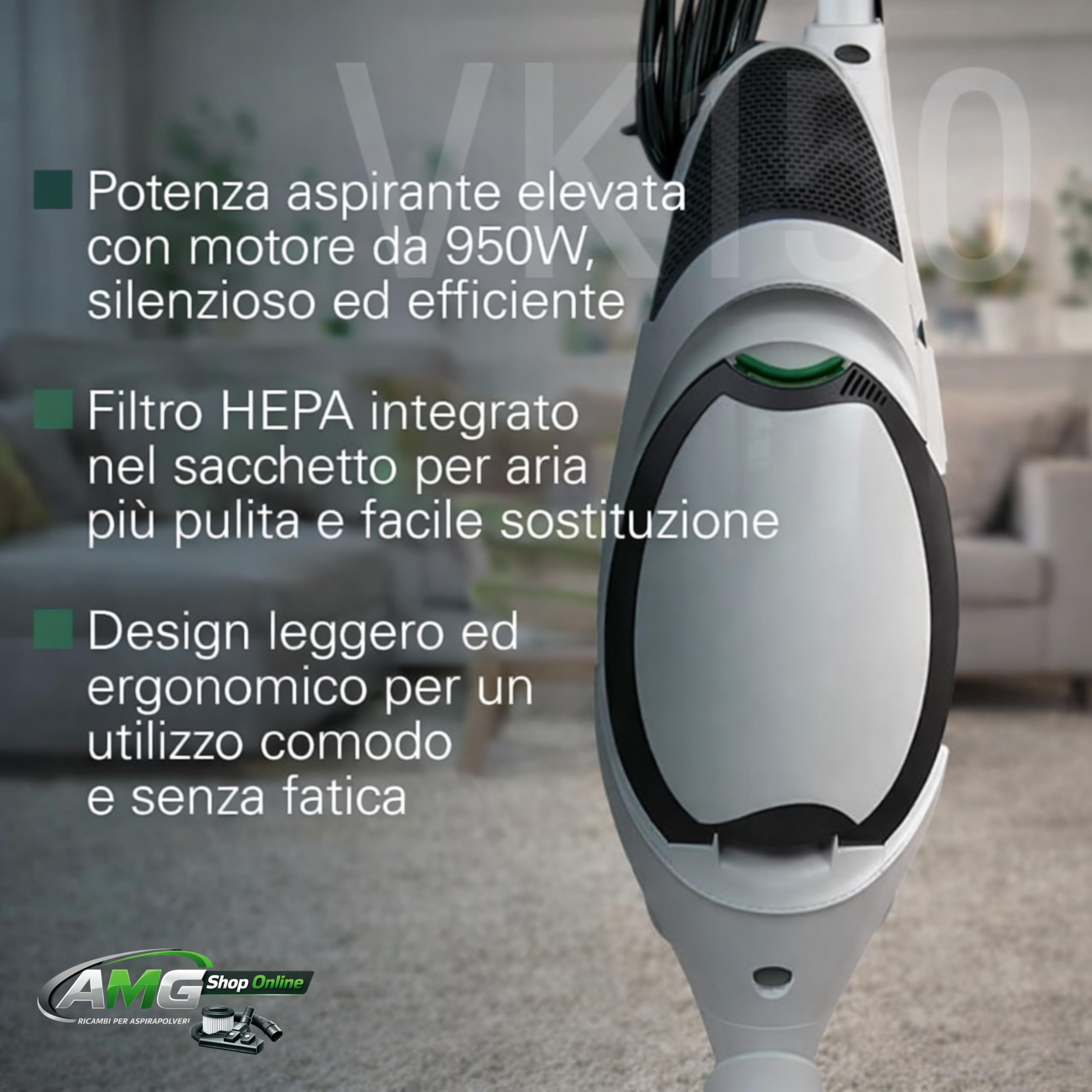 AMG Shop Online Aspirapolvere FOLLETTO VK150 + 12 SACCHETTI + PROFUMINI + GRIGLIA, Con Motore 60.000 giri/min, Emissione Polveri 0,0001 mg/m³, Sacco 2,5 L, PESO: 3 Kg - 4