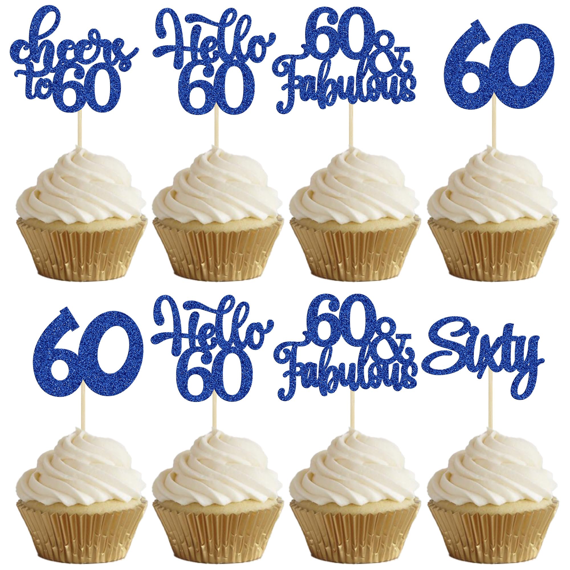 30pcs Happy 60th Birthday Cupcake Toppers - Deep Blue Glitter Sixty Cake Toppers - Cheers to 60 Years Old Cupcake Picks for Anniversary Party Cake