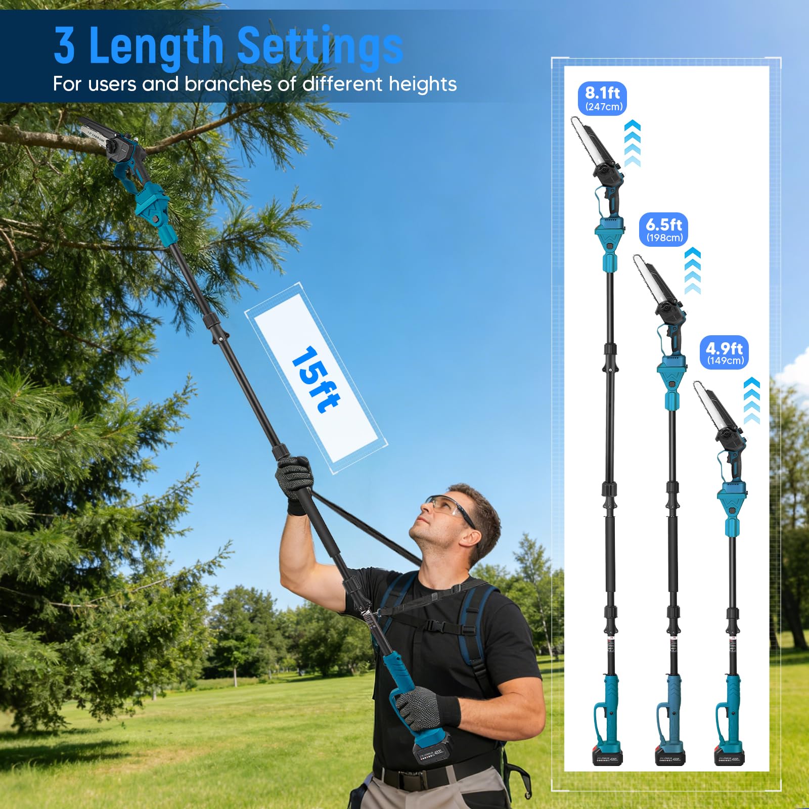 Podadora de pértiga inalámbrica 4 en 1, mini motosierra sin escobillas de 6 y 8 pulgadas con 2 baterías de 4000 mAh, alcance de 4,6 m, herramienta de jardinería para poda y corte de ramas
