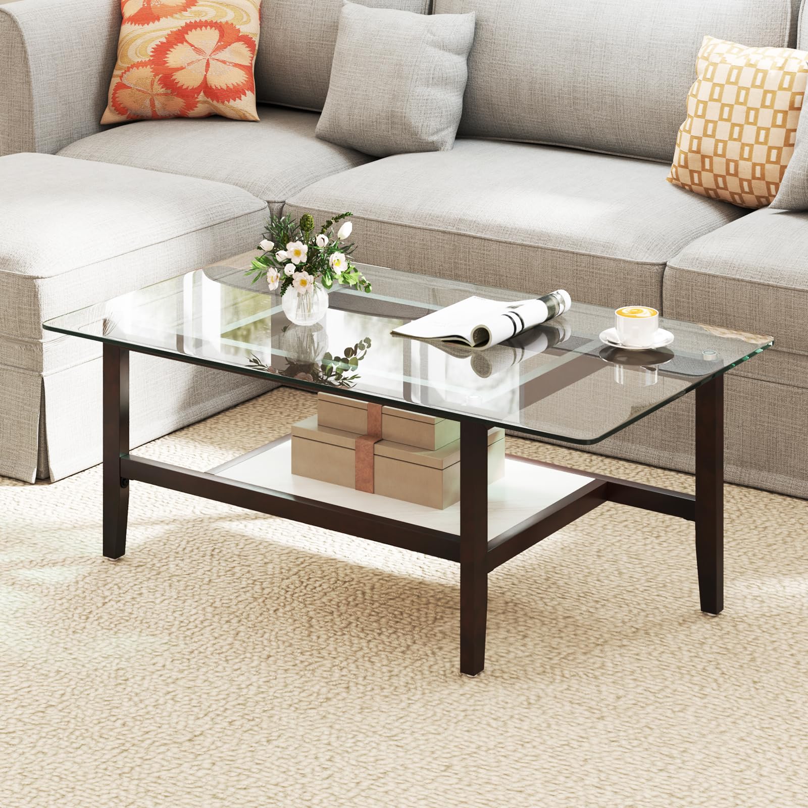 Giantex Glass Coffee Table, 42 Inch 2-Tier Rectangular Cocktail Table with Storage Shelf & Solid Rubber Wood Legs, Modern Center Table for Living Room