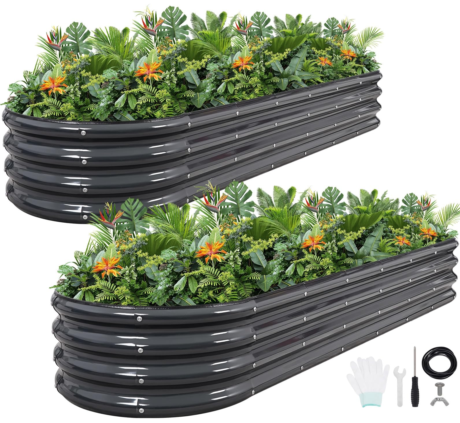 Vireo Garden Grey Galvanized Metal Raised Garden Bed Kit - 240X60x30cm Outdoor Planter Box With Safety Edging And Gloves For Vegetables, Fruits, Flowers.-2Pack