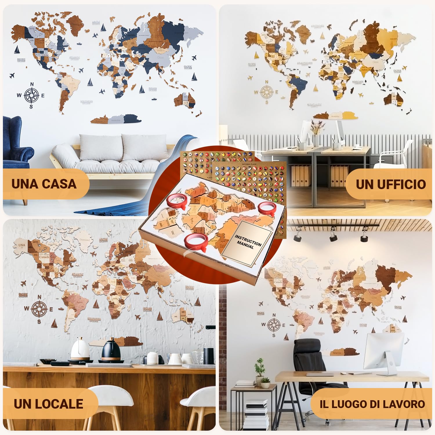WOW WOOD Drewniana Mapa Świata - Italia (Kolor drewna, 62.00 x 120.00 cms)