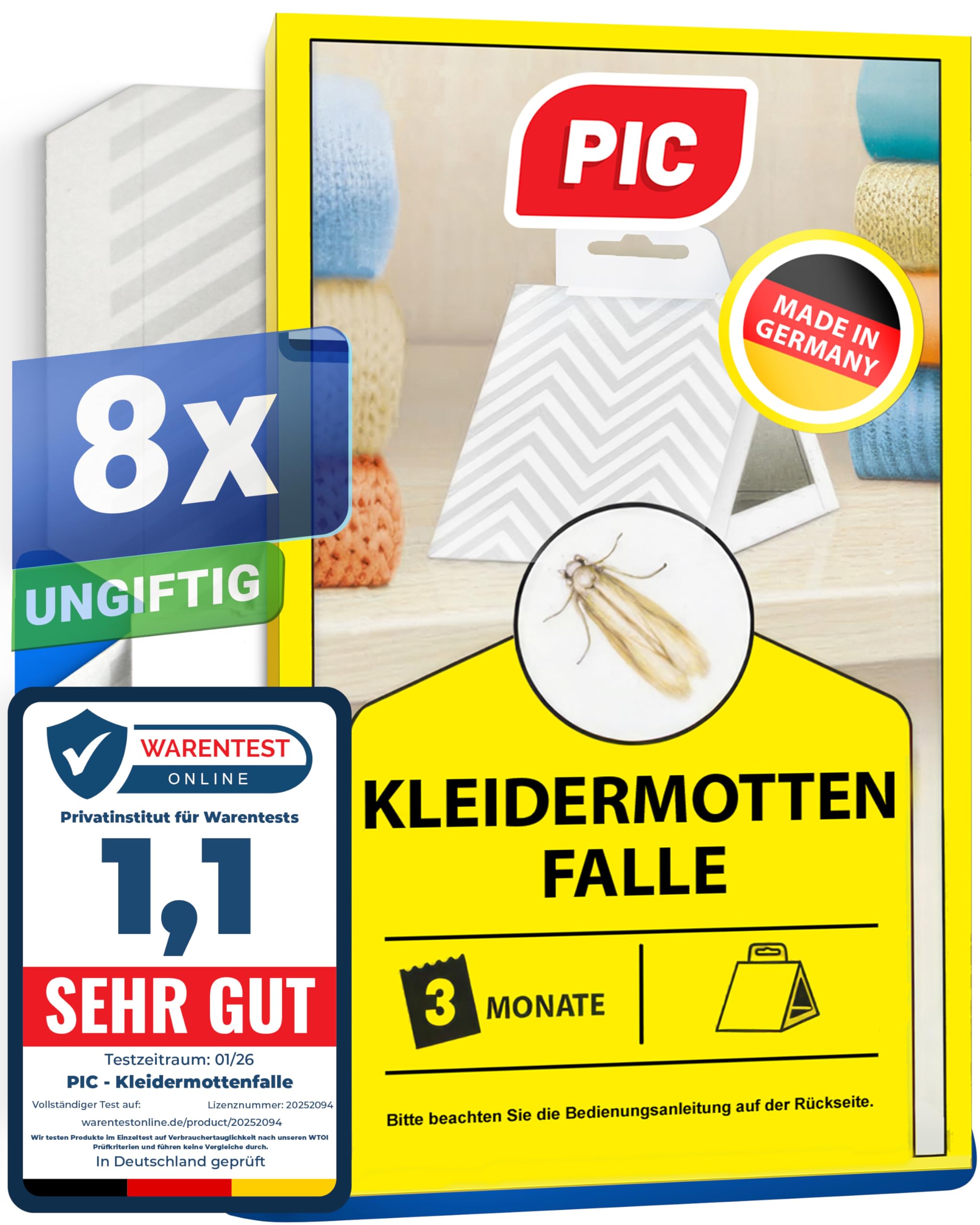 PIC Mottenfalle Kleidermotten - 8X Kleider Mottenfalle, Kleidermotten bekämpfen, Mottenschutz für kleiderschrank, Kleidermottenfalle mittel gegen motten in der Wohnung - Alternative zu Mottenpapier