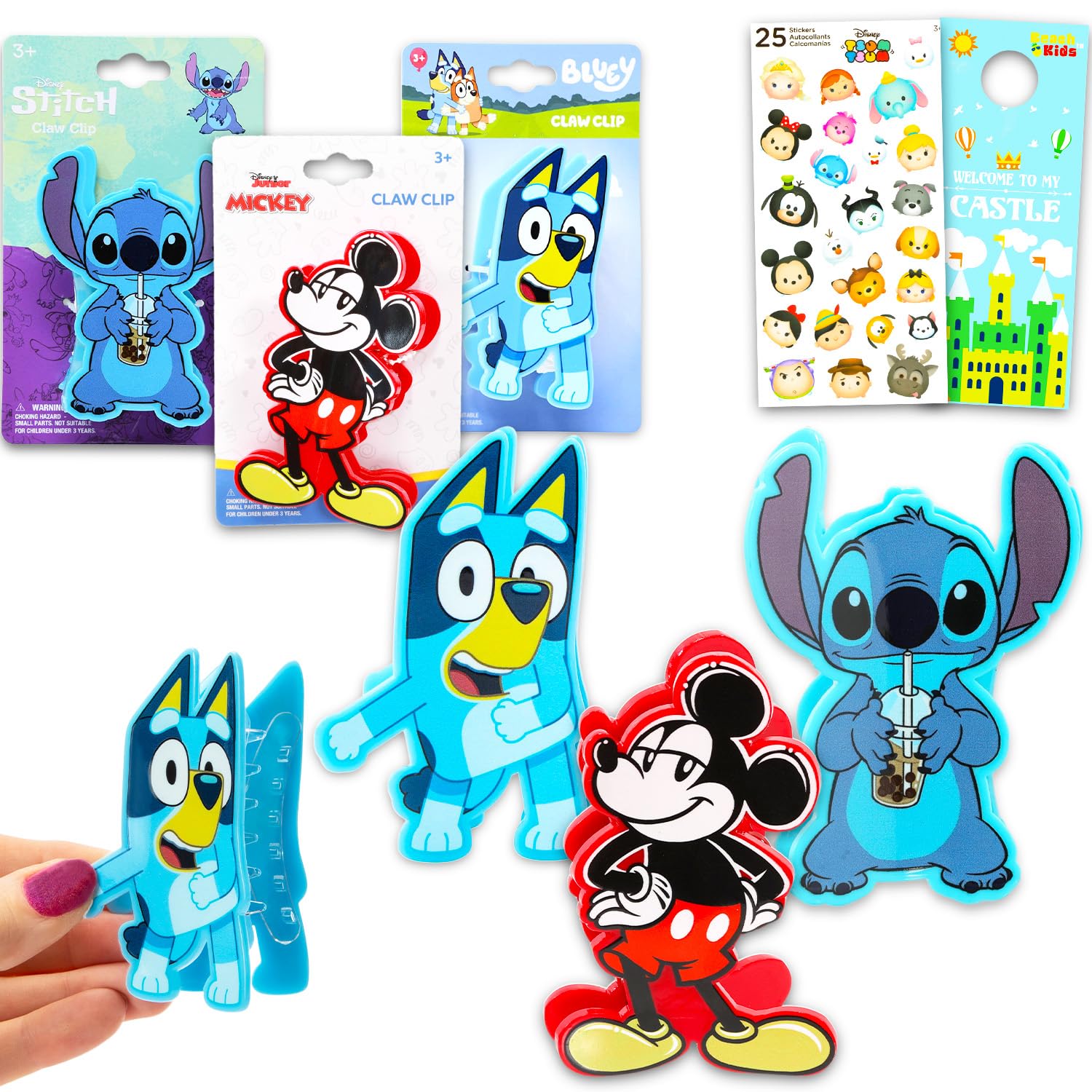 Photo 1 of **1 CLIP (BLUEY) / ARM IS BROKEN OFF SEE PHOTO*** Disney Hair Claw Clip Set - 3 Pc Accessories Bundle with Stitch, Bluey, Mickey Mouse Claw Clips for Girls Plus Stickers, More | Disney Hair Accessories for Women, Girls, Kids