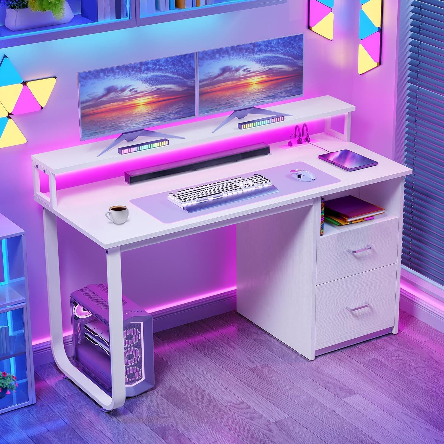 DWVO Office Desk with Drawers, 47" Computer Desk with Power Outlets & LED Light, Home Office Desk with Storage & Monitor Stand, White