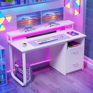 DWVO 47" Office Desk with Drawers, Monitor Stand, Power & LED, White