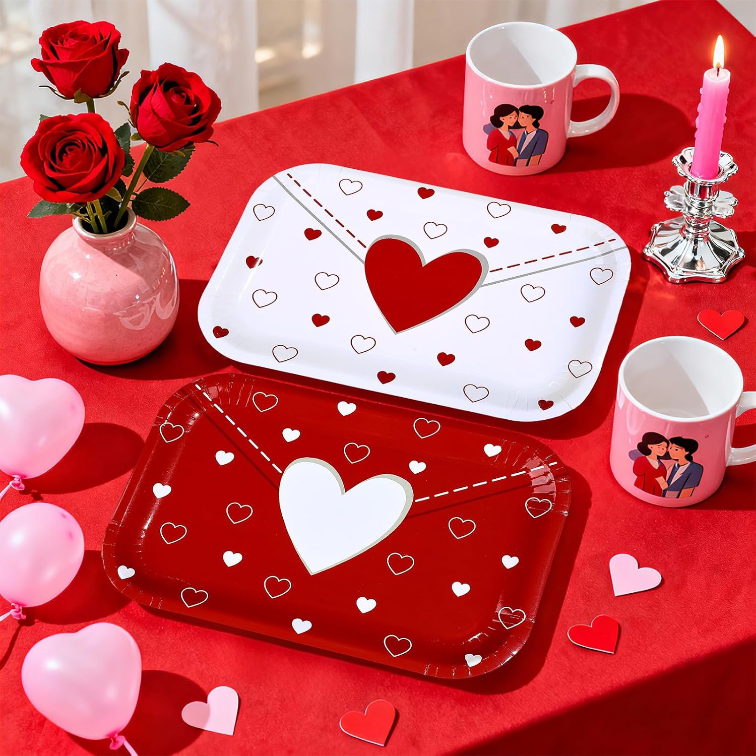50Pcs Wedding Party Decorations 10"x 6.5" Envelope Red Heart Paper Plates Disposable Heavy Duty Plates for Couple Anniversary Wedding Dinner Party Decorations Supplies
