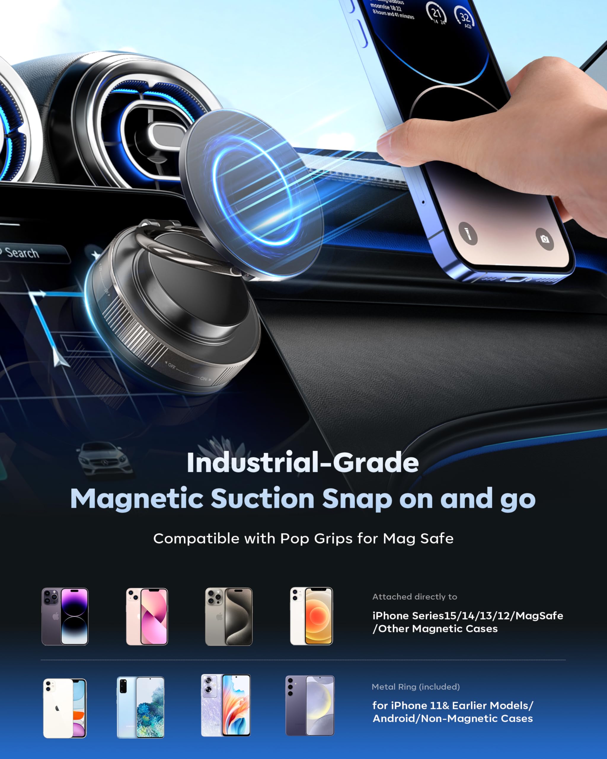 Vacuum Magnetic Phone Holder for Car,2800gf Strong Magnetic Phone Mount,360° Adjustable & Reinforced Suction Cup for Dashboard/Gym/Mirror,Car Phone Holder Compatible with iPhone Android(Black)