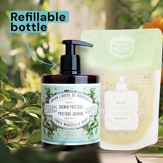 Panier des Sens Hand Soap Bottle + Jasmine Refills, 50.7 fl oz