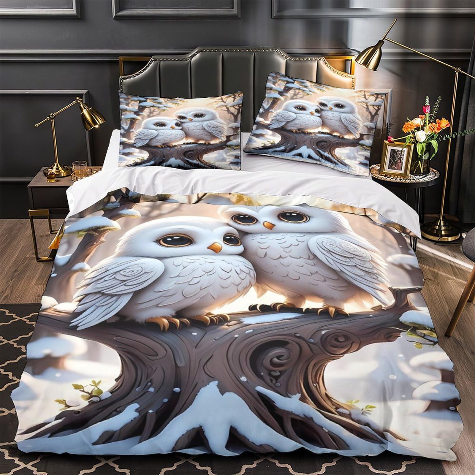Housse de couette chouettes harfangs 200x200cm avec 2 taies d'oreiller pour lit double