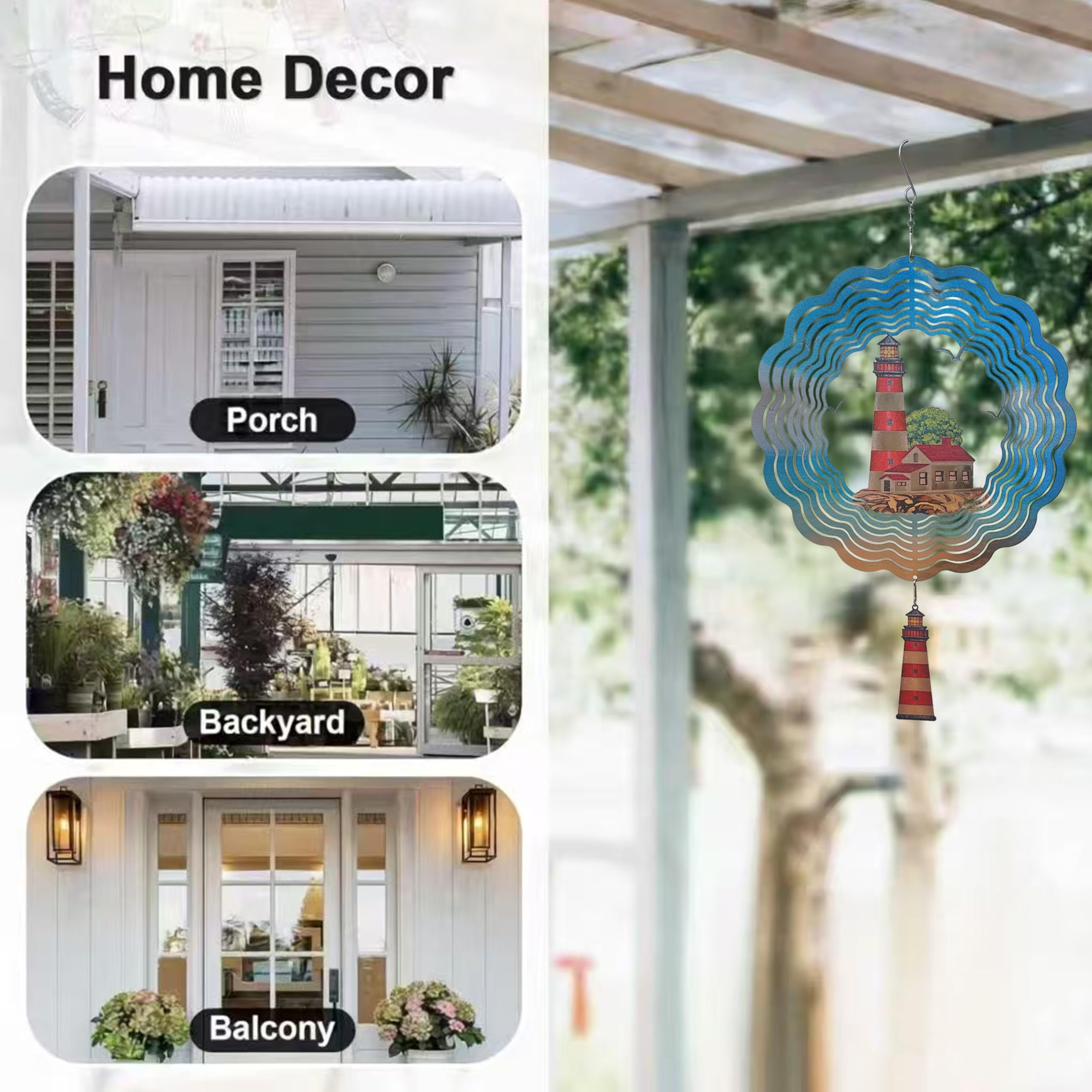 Molinillo de viento de faro, molinillos de viento de metal para exteriores, decoración de playa colgante de doble cara 3D para interiores, exteriores, regalos únicos para mujeres