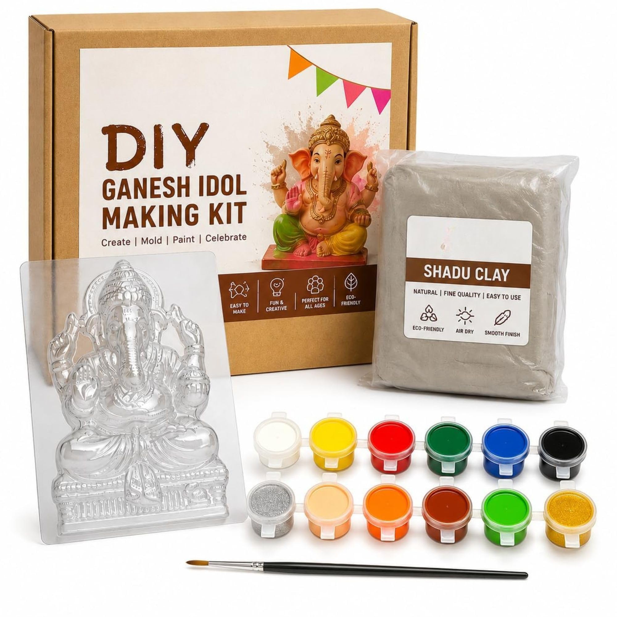 DIY Ganesha Making Kit with Shadu Clay Reusable PET Mould Paint Colours Brush Art & Craft Idol Making Kit for Ganesh Festival Creative DIY Activity-image-6