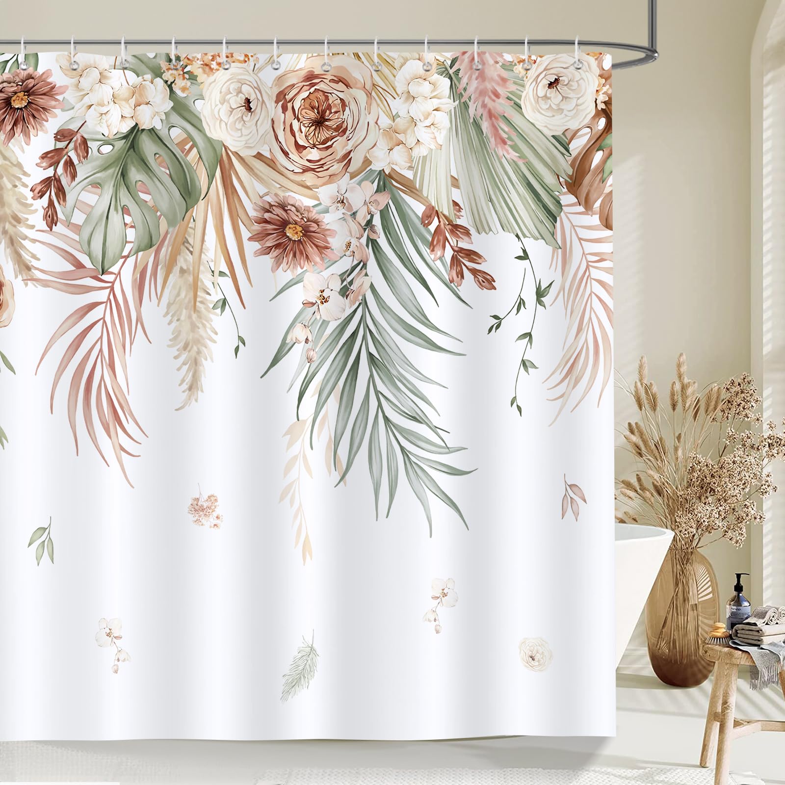 Bonhause Tan Floral Leaf Shower Curtain, Boho Tropical Palm Leaves Farmhouse Bathroom Curtain 72x72 Inch Polyester Fabric Waterproof Bath Curtain with