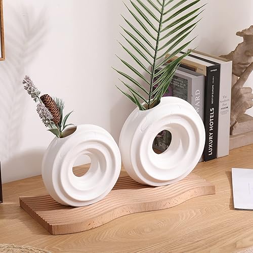 Miniatura 6 de Jarrones de cerámica para decoración del hogar, juego de 2, jarrones de cerámica blanca para decoración del hogar, huecos, redondos mate, ideales