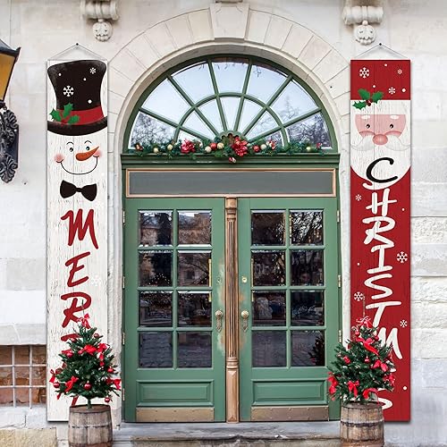 Miniatura 7 de Tatuo Cartel de Navidad para puerta, decoración de Navidad, Papá Noel, muñeco de nieve, porche, pancartas colgantes de Navidad para el hogar,