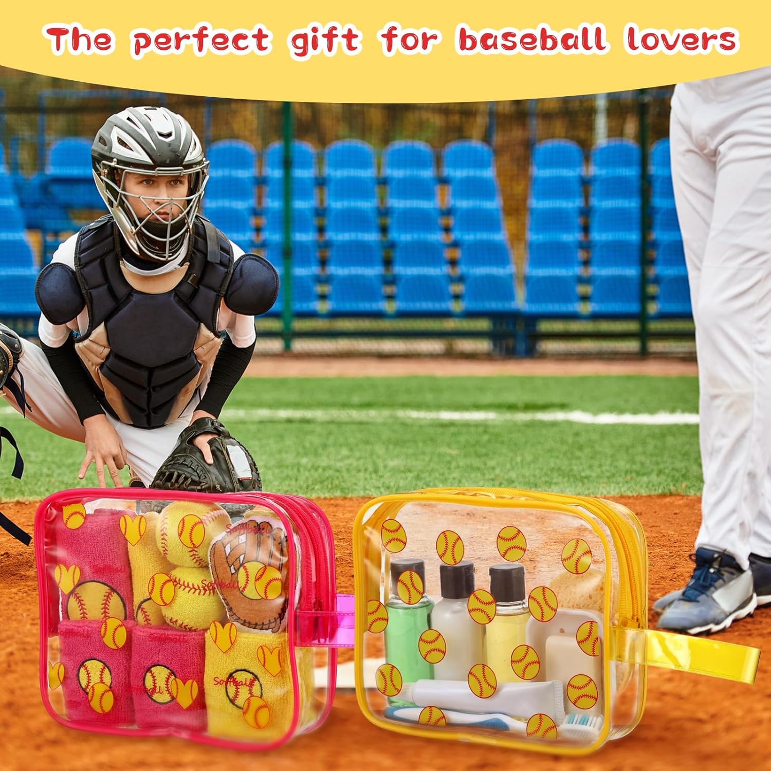 24 Pcs Softball Clear Makeup Bags with Zipper Bulk Sport Goodie Clear PVC Pouch Organizer Waterproof Travel Case for Woman Team Gifts Birthday Decorations Supplies