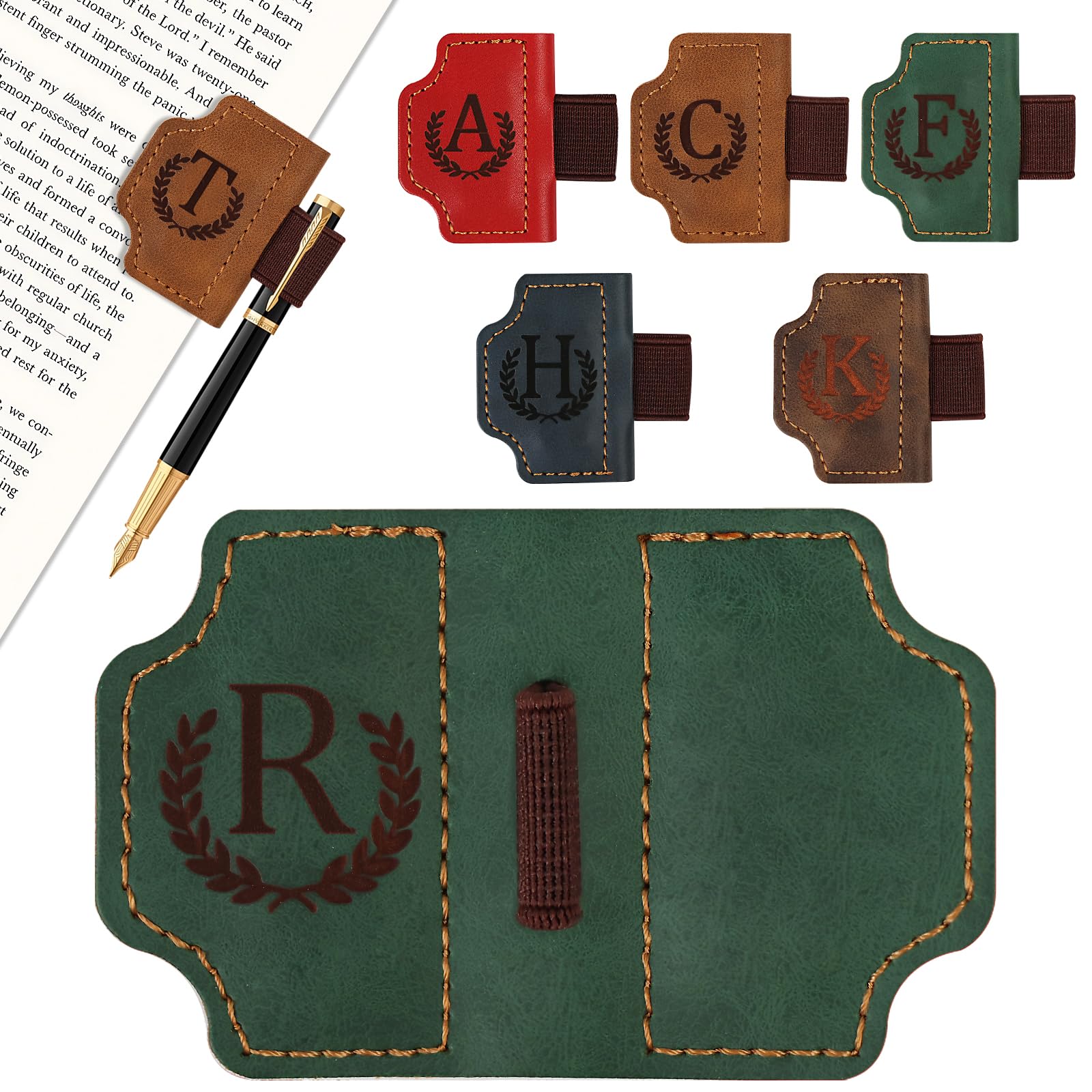 LACGO Vintage Leather Bookmark,Magnetic Book Mark with Pen Holder,Personalised Book Gift with Letter, Classic Stitched Leather Bookmark,Gift for Christmas,Birthday (Green, R)
