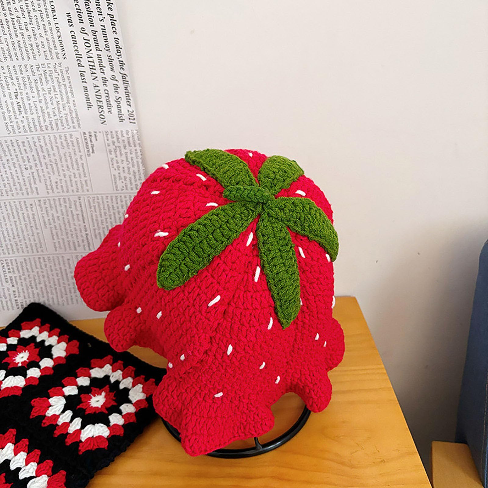 Chapeau Fraise Tricoté - Bonnet Bucket à Bord Volanté - Taille Unique 54-59cm - Rouge