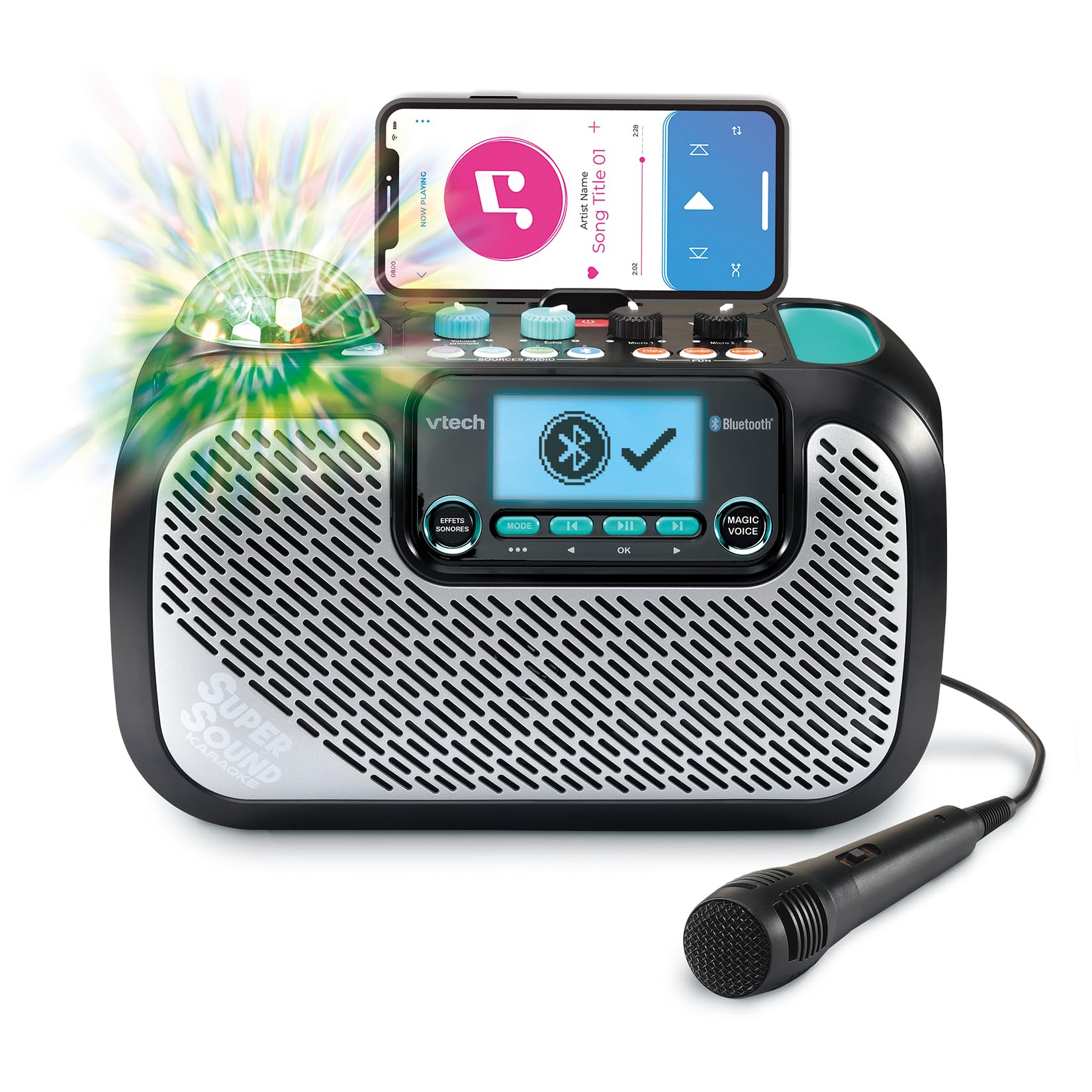 VTech - Super Sound Karaoke, Altavoz Karaoke portátil con micrófono, Bola de Discoteca iluminada giratoria, Bluetooth, Entrada Auriculares, Regalo niños +14 años, Contenido en Español