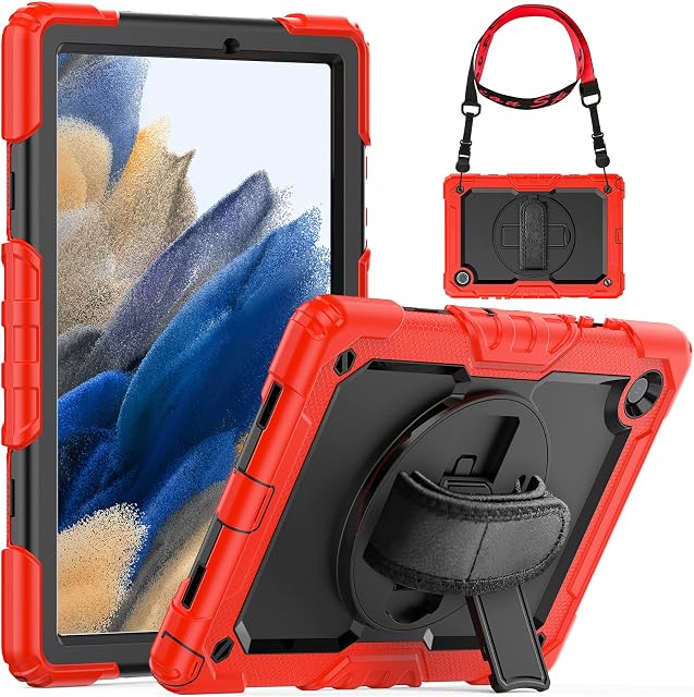 SEYMCY Case for Samsung Galaxy Tab A8 10.5 inch 2021/2022 Full Body Shockproof with Screen Protector/Rotating Hand Strap Stand A8 Tablet Carrying Case for Kids, Black/Red