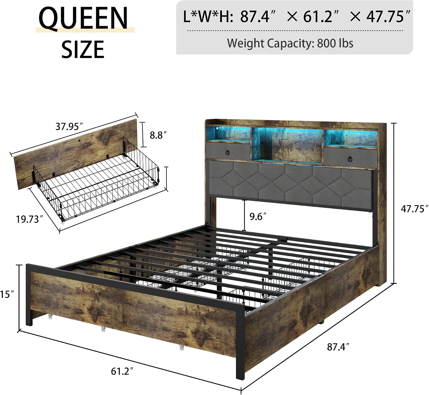 Weehom Queen Bed Frame with Drawers and Charging Station, Upholstered Platform Bed with Storage Headboard and LED Light, Heavy Duty Metal Frame Support, No Box Spring Needed, Noise Free, Vintage Brown