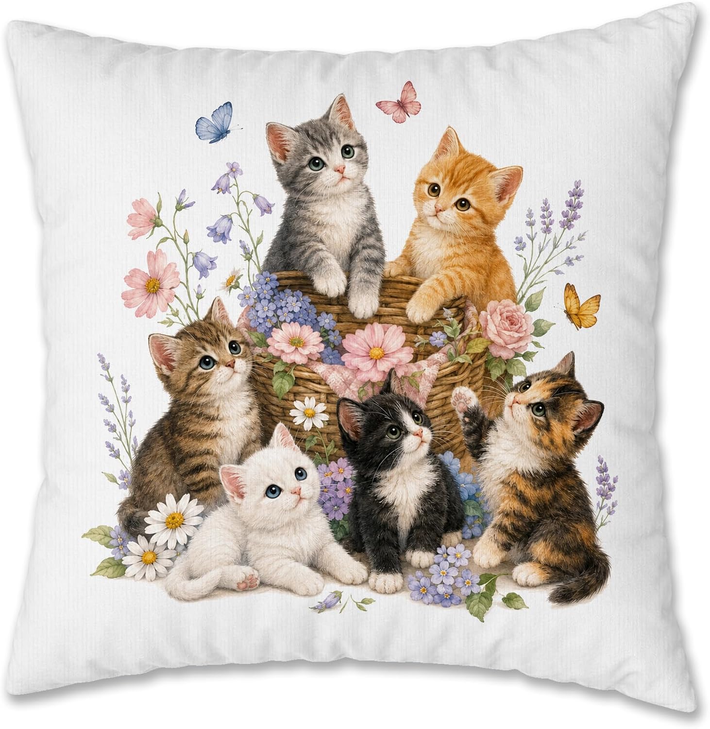 Cottagecore Floral Cats Pillow Cover 18x18 Inch