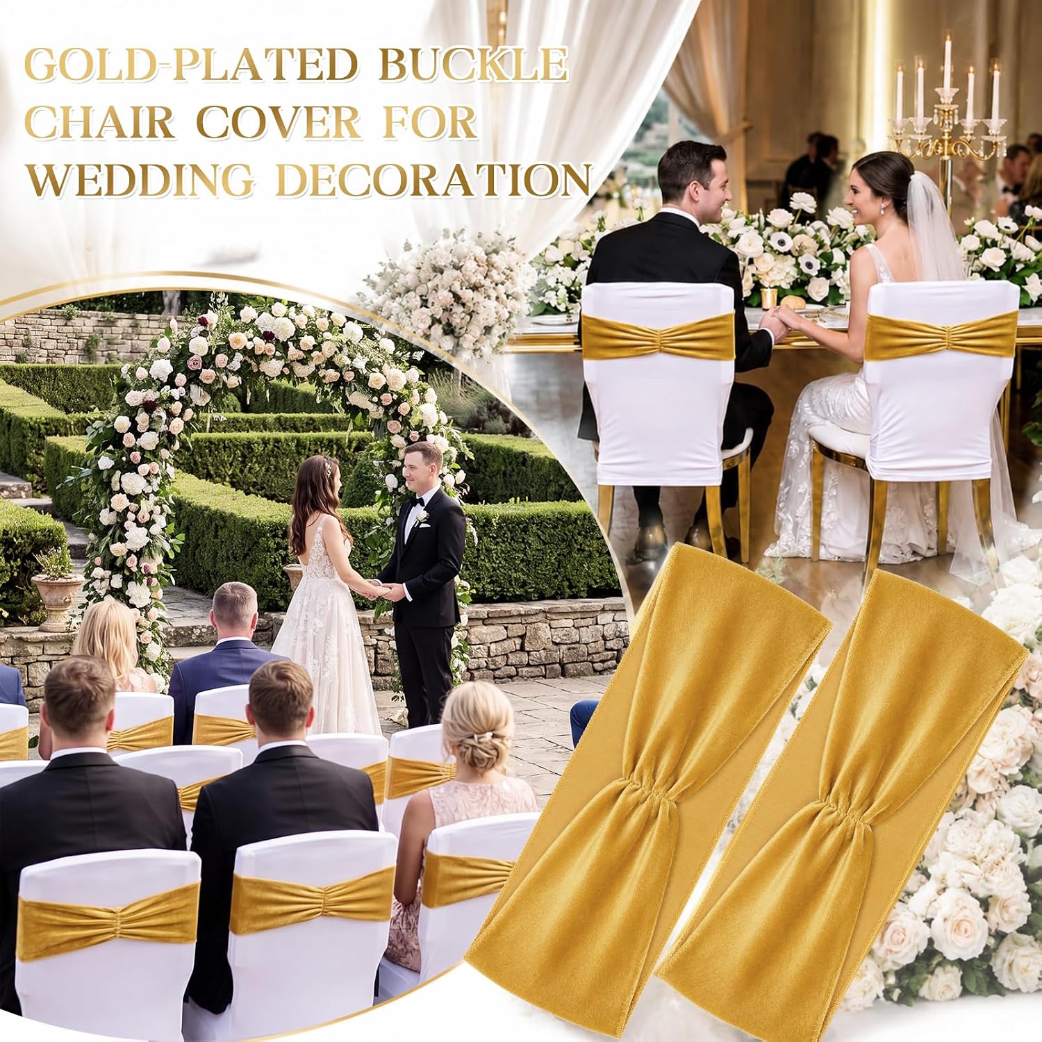 50 Pcs Spandex Chair Sashes Bows Wedding Party,Gold